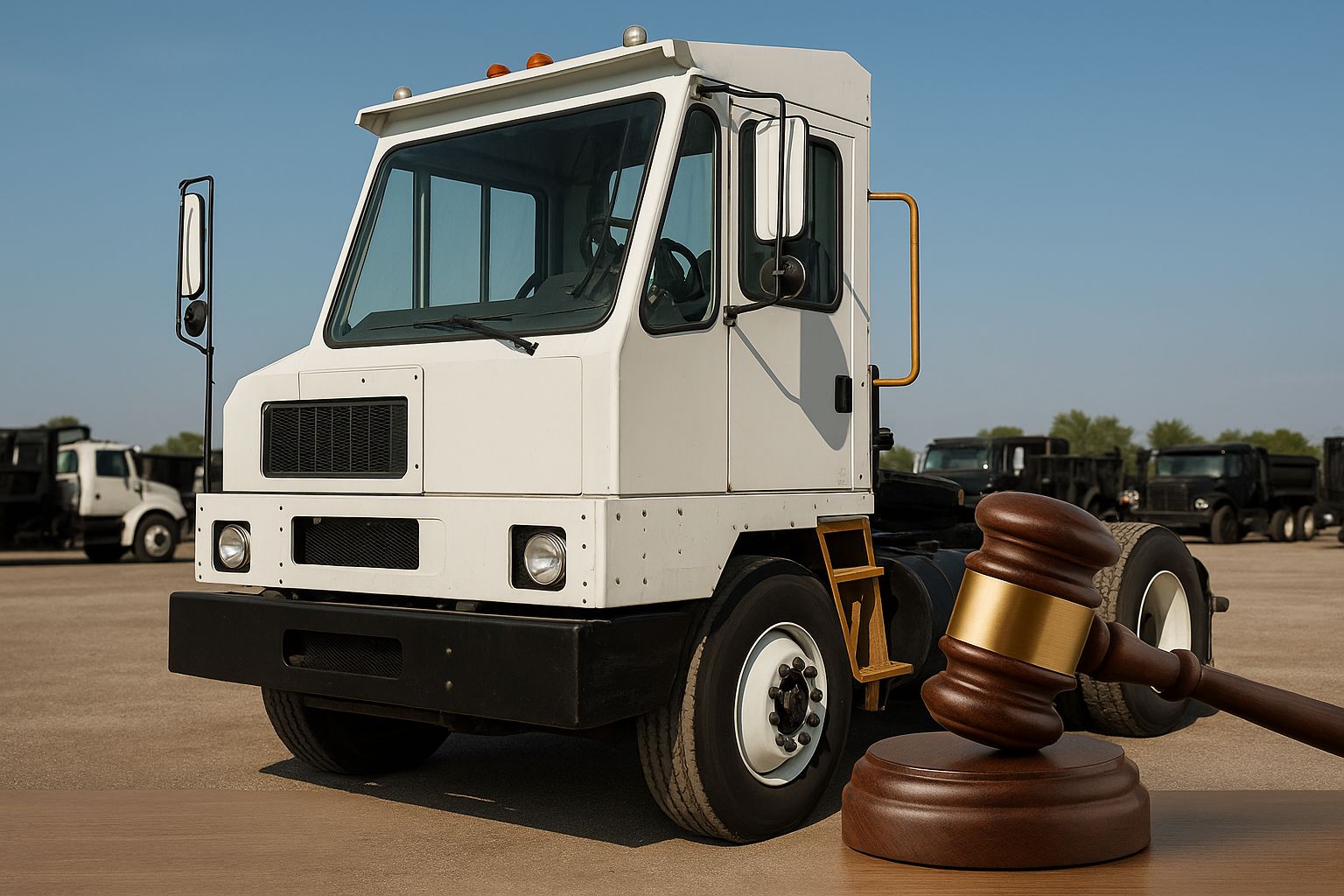 Ein großer, roter Muldenkipper wird auf einem Auktionsgelände inspiziert.